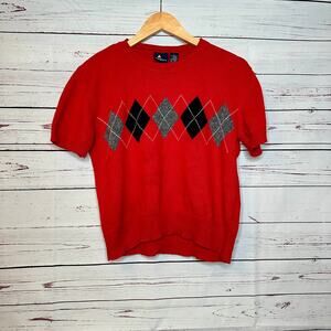 Vintage Liz Sport Red Short Sleeve Argyle Sweater Light Academia
